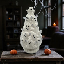 Halloween Lighted Christmas Tree - Ceramic - White Ghosts - 9” tall Battery Free Shipping
