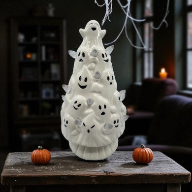 Halloween Lighted Christmas Tree - Ceramic - White Ghosts - 9” tall Battery Free Shipping
