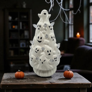 Halloween Lighted Christmas Tree - Ceramic - White Ghosts - 9” tall Battery Free Shipping