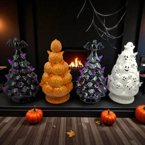 Halloween Lighted Christmas Tree - Ceramic - White Ghosts - 9” tall Battery Free Shipping