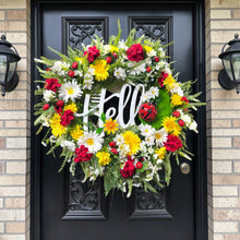 Ladybug Summer Wreath for Front Door, Hello Sign Wreath, Daisy & Red Geranium Farmhouse Door Decor, Ladybug Front Door Wreath