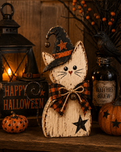 Halloween Cat Shelf Sitters Set of 3 – Wooden Witch Cat Decorations, 5.9 Inch