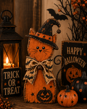 Halloween Cat Shelf Sitters Set of 3 – Wooden Witch Cat Decorations, 5.9 Inch