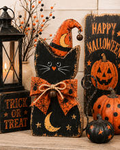 Halloween Cat Shelf Sitters Set of 3 – Wooden Witch Cat Decorations, 5.9 Inch