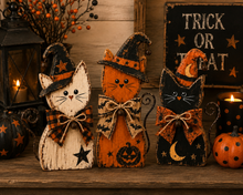 Halloween Cat Shelf Sitters Set of 3 – Wooden Witch Cat Decorations, 5.9 Inch