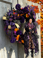 Purple Witch Halloween Wreath – Elegant Gothic Halloween Door Decor with Witch, Glitter Ribbon & Florals