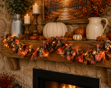 Lighted Fall Rag Garland – 50" Primitive Plaid Garland with Warm White Lights