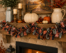 Lighted Fall Rag Garland – 50" Primitive Plaid Garland with Warm White Lights