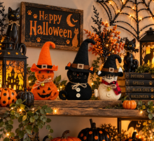 Halloween Felt Cat Shelf Sitter Set – Witch Hat Cat Tabletop Décor, Spooky Halloween Cat Decoration