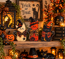 Halloween Witch Cat Shelf Sitters Set of 3 – Laser Cut Wood Cat Decorations, 2D Halloween Tabletop Décor
