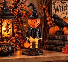 Halloween Pumpkin Witch Figurine – 3D Pumpkin Man with Witch Hat, 7 Inch Tabletop Décor