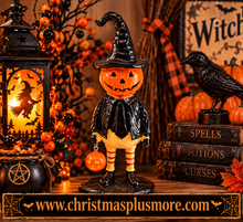 Halloween Pumpkin Witch Figurine – 3D Pumpkin Man with Witch Hat, 7 Inch Tabletop Décor