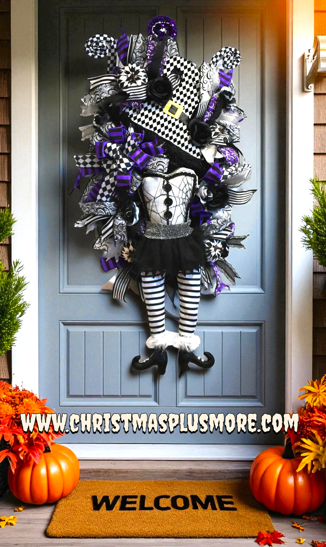 Halloween Witch Swag Wreath   Halloween Mrs. Frankenstein Purple & Black Front Door Wreath  (Free Shipping)