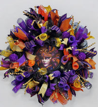 Mardi Gras Mask Lighted Front Door Wreath Festive Purple Gold & Orange