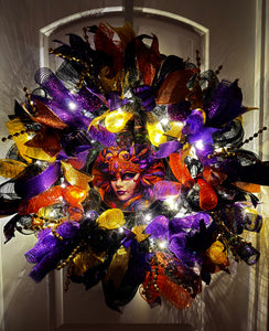 Mardi Gras Mask Lighted Front Door Wreath Festive Purple Gold & Orange