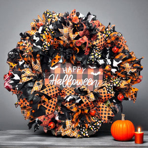Halloween Wreath "Happy Halloween" Orange & Black Pip Berry Halloween Wreath (Free Shipping)