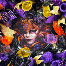 Mardi Gras Mask Lighted Front Door Wreath Festive Purple Gold & Orange