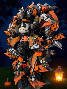 Halloween Jack Swag Wreath  ~ Halloween Front Door Wreath Orange & Black Scary Wreath (Free Shipping)