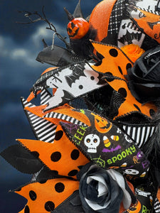 Halloween Jack Swag Wreath  ~ Halloween Front Door Wreath Orange & Black Scary Wreath (Free Shipping)