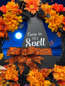 Halloween Witch Wreath,  Halloween Witch's Hat Halloween Wreath, Orange & Black Flowers Halloween Wreath (Free Shipping)