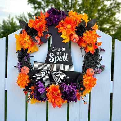 Halloween Witch Wreath,  Halloween Witch's Hat Halloween Wreath, Orange & Black Flowers Halloween Wreath (Free Shipping)
