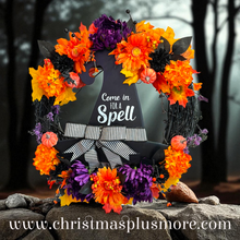 Halloween Witch Wreath,  Halloween Witch's Hat Halloween Wreath, Orange & Black Flowers Halloween Wreath (Free Shipping)