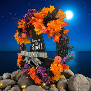 Halloween Witch Wreath,  Halloween Witch's Hat Halloween Wreath, Orange & Black Flowers Halloween Wreath (Free Shipping)