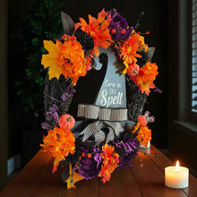 Halloween Witch Wreath,  Halloween Witch's Hat Halloween Wreath, Orange & Black Flowers Halloween Wreath (Free Shipping)
