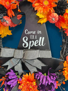 Halloween Witch Wreath,  Halloween Witch's Hat Halloween Wreath, Orange & Black Flowers Halloween Wreath (Free Shipping)