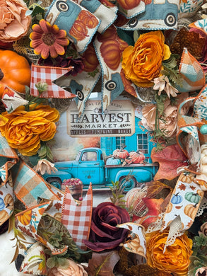Country Fall Harvest Wreath Farmhouse Truck Style Pumpkin Welcome Wreath (Free Shipping)