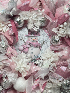 Pink & White Snowman Christmas Wreath Victorian Wreath
