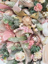 Pink Christmas Wreath with Santa – Luxury Double Door Holiday Swag, Frosted Pine & Berry Deco
