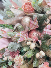Pink Christmas Wreath with Santa – Luxury Double Door Holiday Swag, Frosted Pine & Berry Deco