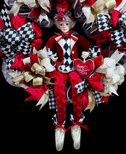 Valentine's Day  Red Front  Door Wreath with Argyle Red and Black Fairy