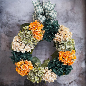 Country Front Door Wreath Green & Gold Hydrangea