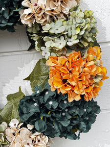 Country Front Door Wreath Green & Gold Hydrangea (Free Shipping)