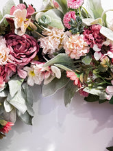 Shabby Chic Victorian Front Door Wreath 20 inch Roses, Carnations & Lamb's Ear