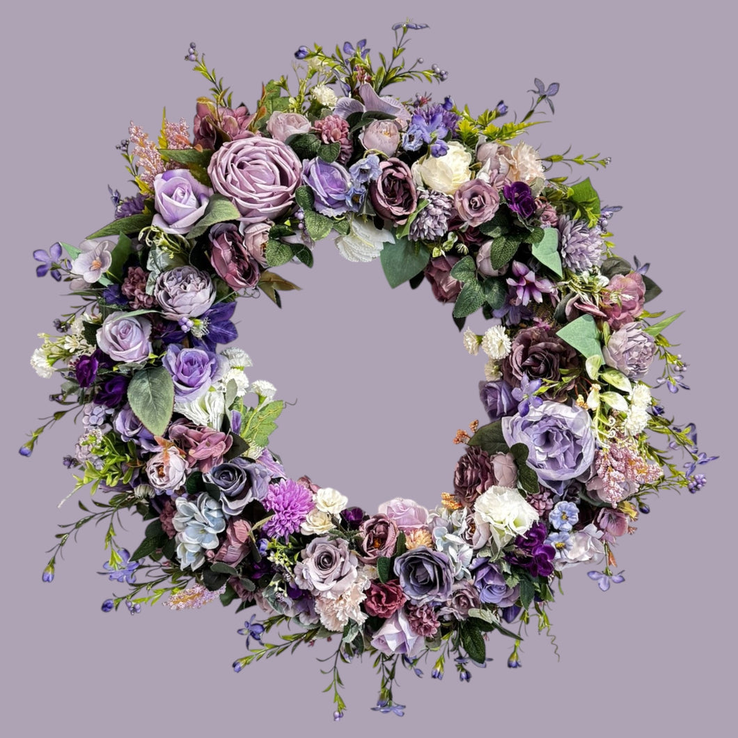 Spring Purple Flowers Front Door Wreath 22 inch Roses, Carnations & More