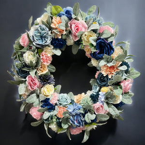 Easter & Spring TWO HOLIDAY !!  Front Door Wreath 20 inch Roses, Carnations & Lamb's Ear (Free Shipping)