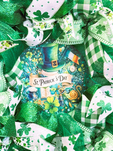 St Patrick's Day Front Door Wreath Green Ribbon, Shamrocks and More