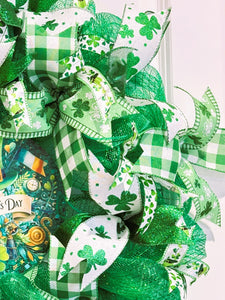 St Patrick's Day Front Door Wreath Green Ribbon, Shamrocks and More
