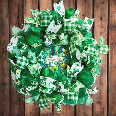 St Patrick's Day Front Door Wreath Green Ribbon, Shamrocks and More
