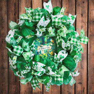 St Patrick's Day Front Door Wreath Green Ribbon, Shamrocks and More