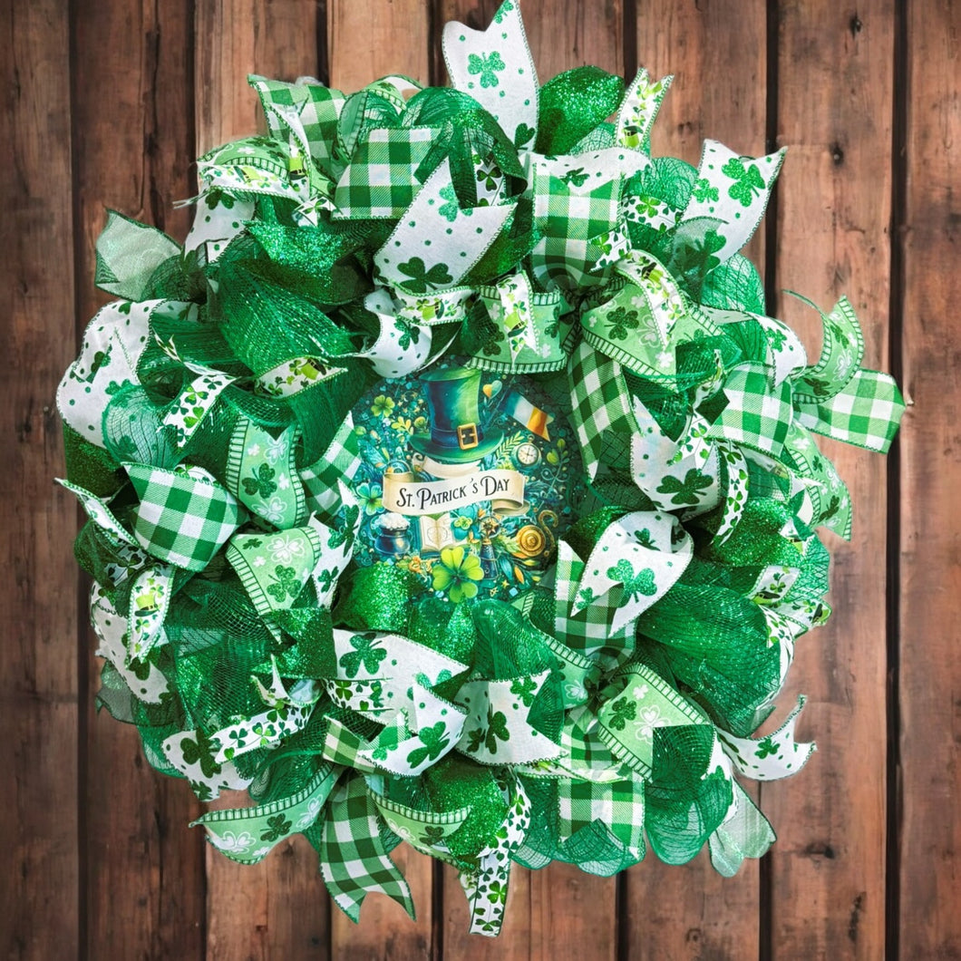 St Patrick's Day Front Door Wreath Green Ribbon, Shamrocks and More