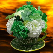 St. Patrick's Day Tea Cup Flower Arrangement with White & Green Carnations and Shamrocks Free Shipping