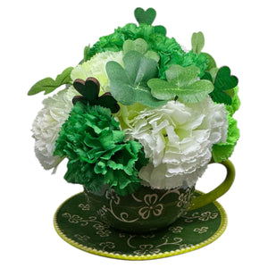 St. Patrick's Day Tea Cup Flower Arrangement with White & Green Carnations and Shamrocks Free Shipping