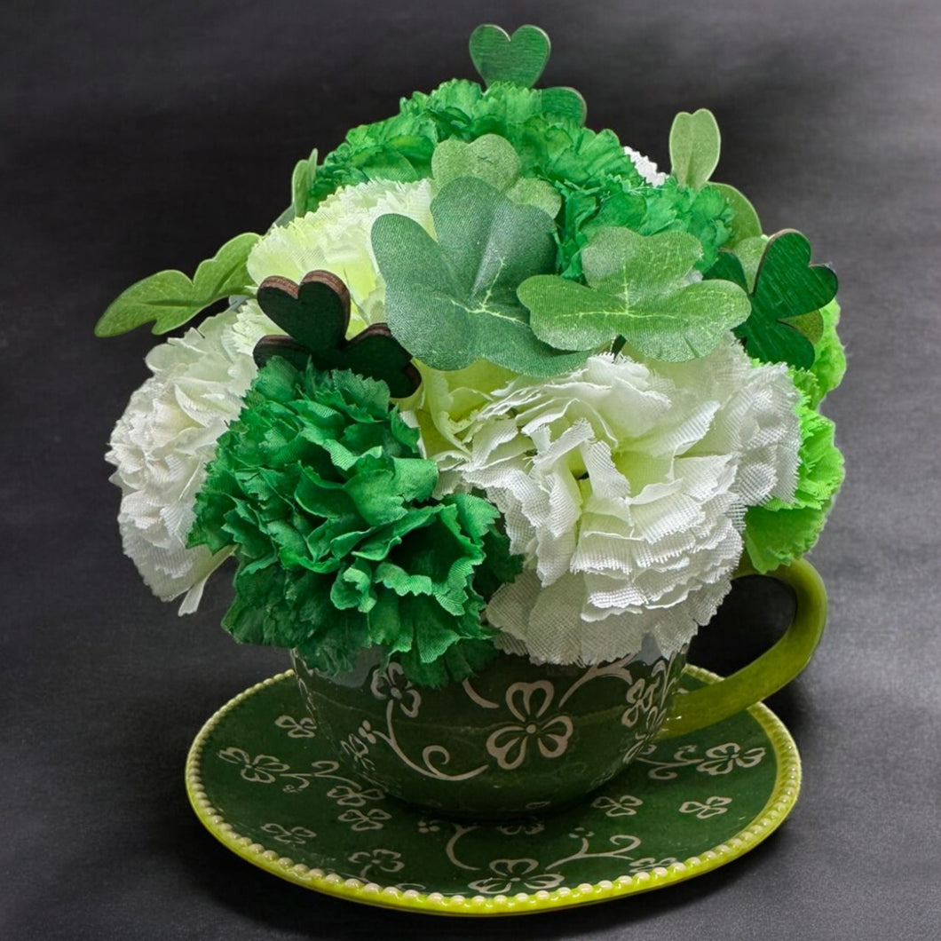 St. Patrick's Day Tea Cup Flower Arrangement with White & Green Carnations and Shamrocks Free Shipping