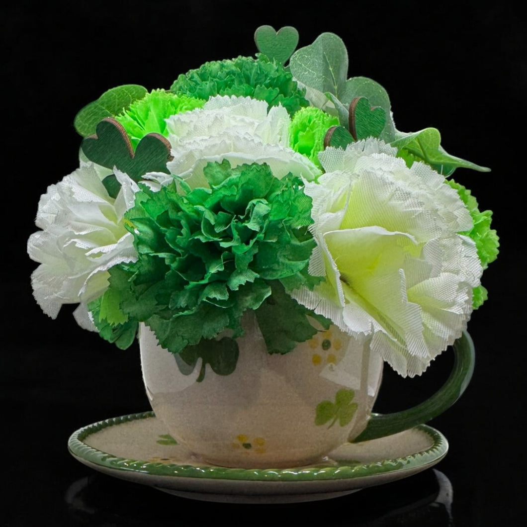 St. Patrick's Day Tea Cup Flower Arrangement with White & Green Carnations and Shamrocks Free Shipping
