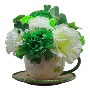 St. Patrick's Day Tea Cup Flower Arrangement with White & Green Carnations and Shamrocks Free Shipping