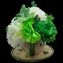 St. Patrick's Day Tea Cup Flower Arrangement with White & Green Carnations and Shamrocks Free Shipping